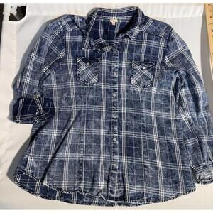 Vintage Reba Cotton Plaid Button Down Shirt Blue Western Style Snap Front